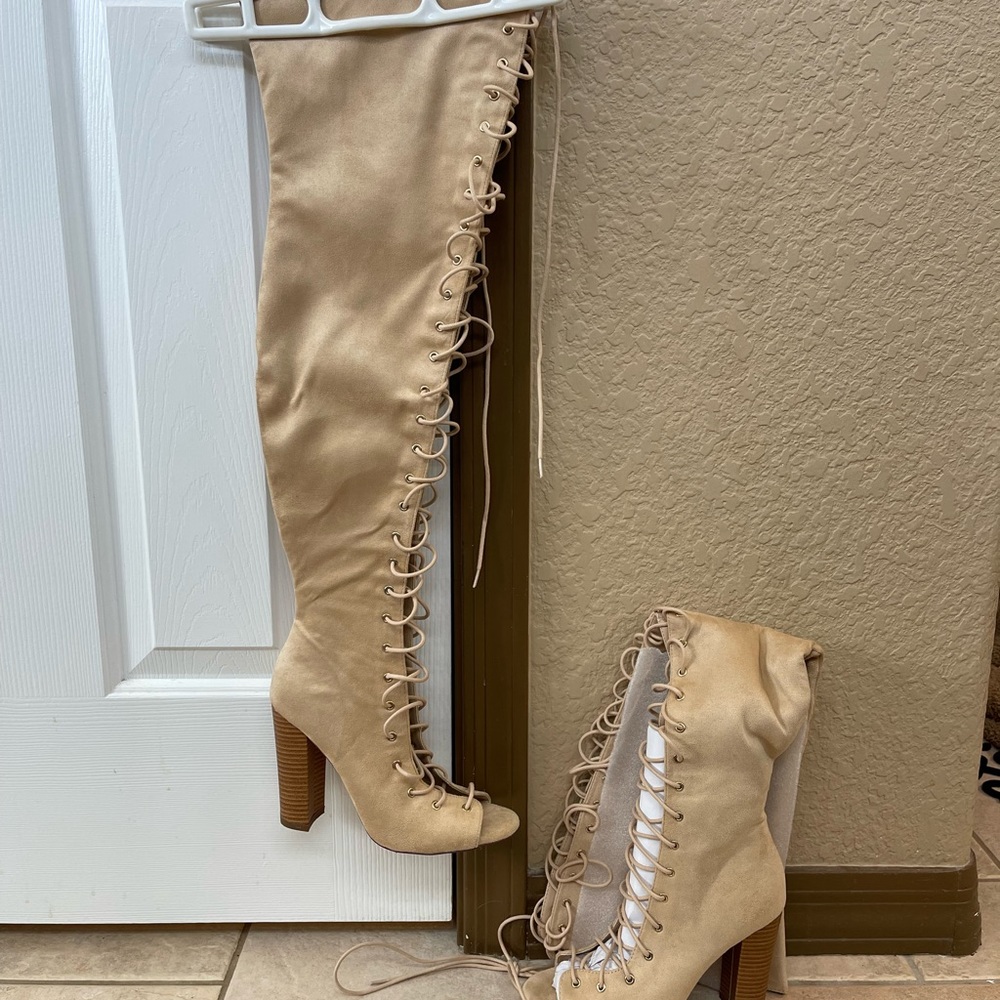 Nude thigh high lace up boots, 7 1/2